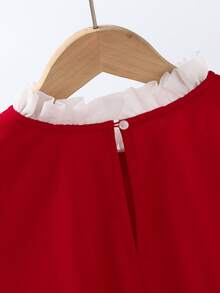 SHEIN Đầm ren phối lưới tương phản thanh lịch cho bé gái tuổi teen với viền bèo nhún. - Đỏ - Xem 12