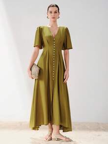 Aveloria Modichic 法式复古高端V领收腰花瓣袖长连衣裙 - 芥末黃 - 查看 2