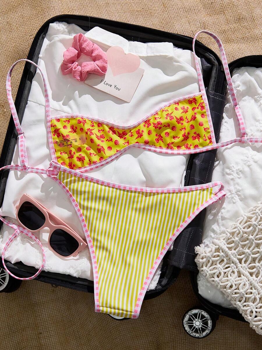 Swim Mod 夏季海滩度假女士甜美双面印花无胸垫上衣和抽绳下摆泳裤套装 - 彩色 - 查看 1