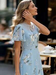 Balvessa 蓝色雪纺印花荷叶袖优雅连衣裙，女士款 - 藍色 - 查看 6