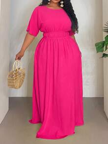 SHEIN CURVE+ 2026春夏新款大码度假休闲/日常休闲/外出/优雅派对/浪漫纯色黄色插肩袖弹力腰部收褶大A字摆梭织纹理面料女式长裙 - 玫紅色 - 查看 4