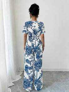 Elenzga 两件套新款深V领性感上衣和阔腿裤，女士 - 藍白色 - 查看 2