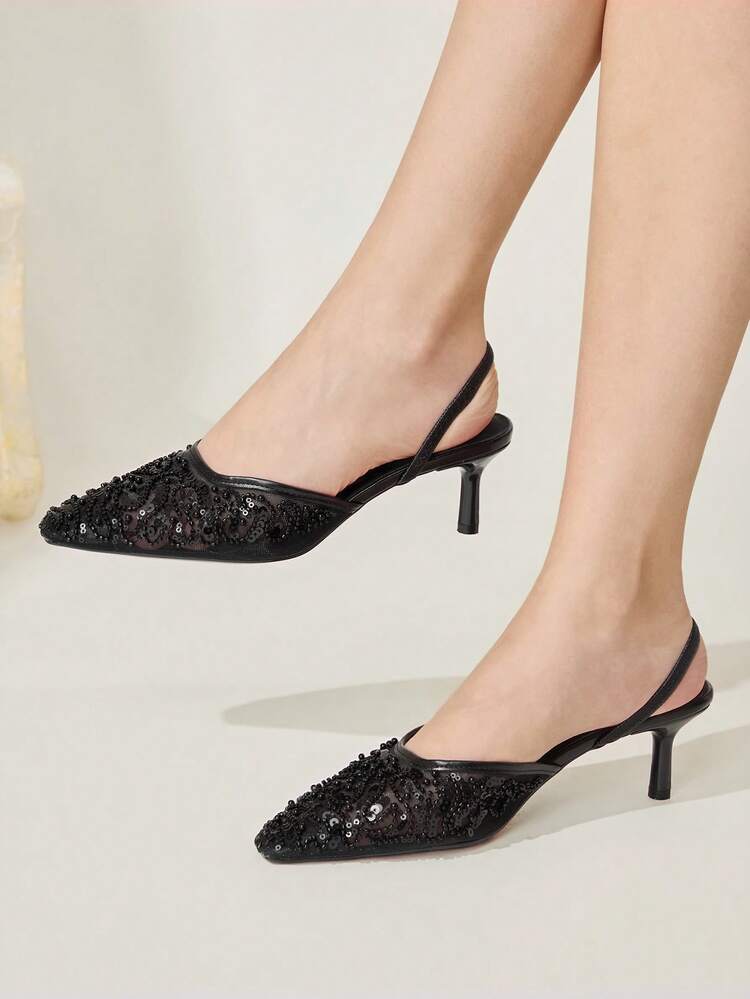 CUCCOO CHICEST New Stylish Elegant Black Embroidered Mesh Beaded Square Toe Mid-Heel Ankle Strap Pumps For Women Wedding Shoes Summer Shoes Bride Shoes