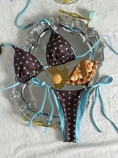 Swim Mod Women's Summer Beach Polka Dot Halter Tie Sexy Bikini And Triangle Briefs Swimsuit Set