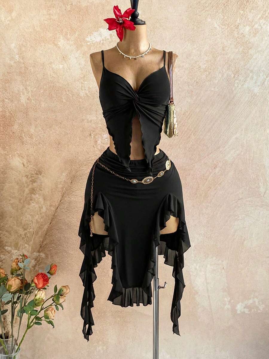 Soleia 两件套女士纯色扭结吊带背心和不对称下摆半身裙套装 - 黑色 - 查看 1