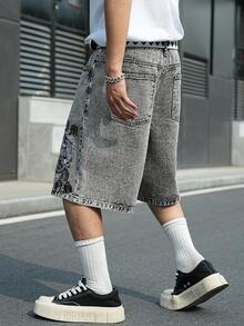 Manfinity EMRG Men's Casual Street Style Embroidered Dark Grey Denim Shorts - Dark Grey - View 4