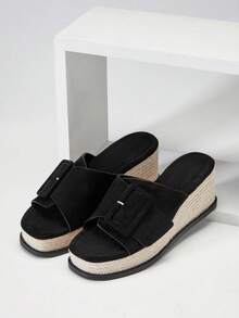 SHUZIA Giày đế xuồng kiểu espadrille tối giản dành cho nữ, chất liệu giả da lộn, có khóa cài, đế dày. - màu đen - Xem 6
