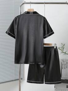 2pcs Teenage Boys' Casual Text Graphic Print Blue Poplin Short Sleeve Top And Shorts Pajama Set - Black - View 1