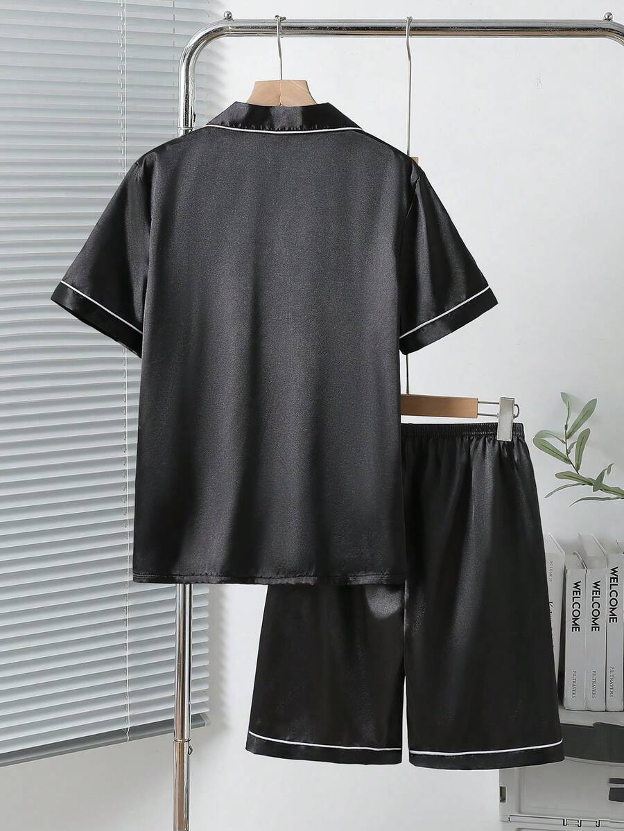 2pcs Teenage Boys' Casual Text Graphic Print Blue Poplin Short Sleeve Top And Shorts Pajama Set - Black - View 1