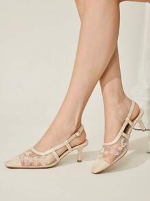 CUCCOO CHICEST Giày cao gót quai ngang màu đen, kiểu dáng thời trang, thanh lịch, mũi vuông, đính hạt cườm, dành cho nữ, thích hợp dự tiệc. - Màu be - Xem 2