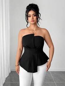 Elenzga Blusa de tubo de unicolor elegante para tallas grandes en verano - Negro - Ver 5