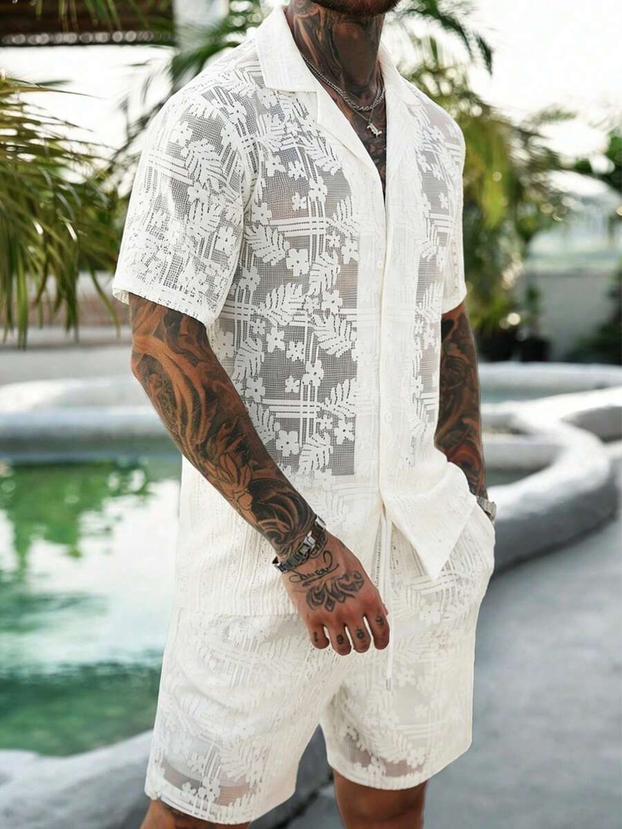 VENTUSAIL Chemise à manches courtes à simple boutonnage et short à taille élastique avec poches pour hommes, tenue décontractée pour la vie quotidienne et les vacances