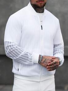 Manfinity Homme Men's Striped Mesh Long Sleeve Zip Front Casual Baseball Jacket - White - View 7