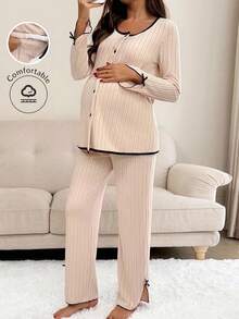 Bộ 2 món đồ bầu gồm áo dài tay và quần dài viền tương phản, đồ ngủ, đồ mặc nhà, đồ ngủ, bộ đồ mặc nhà 2 món, bộ đồ bầu cho phụ nữ, bộ đồ thường ngày 2 món, bộ đồ bầu cho phụ nữ, bộ đồ ngủ hai mảnh cho bà bầu - Màu be - Xem 4