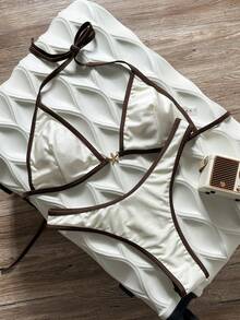 Swim Vcay Spring/Summer Solid Color Triangle Wireless Halter Backless Top And Swim Shorts Women Sexy Bikini Set For Beach Vacation New Women's Swimwear Bikini Sets Padded - White - View 3