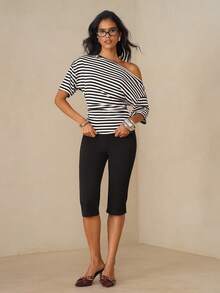 Glamine Damen Schwarz-Weiß gestreiftes asymmetrisches Kurzarm T-Shirt - Weiss - Übersicht 3