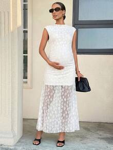 MaterniWear Vestido elegante de manga corta con encaje floral para maternidad - Blanco - Ver 3