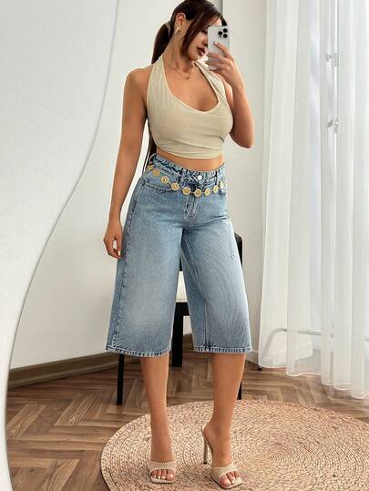 SHEIN Short en jean bermuda femme style vintage lavage moyen bleu, taille basse, style décontracté Y2K