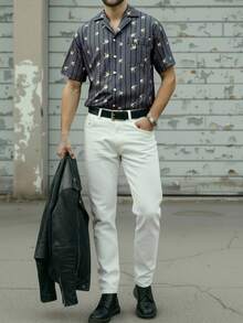 EGENSIO Men's Black Rose Striped Print Button-Front Short Sleeve Shirt - Black - View 6