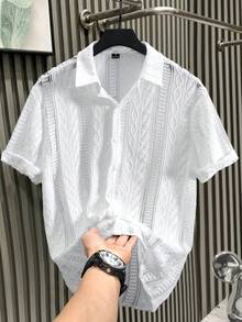 Manfinity Homme 男士短袖纽扣前开襟休闲舒适衬衫，夏季 - 白色 - 查看 1