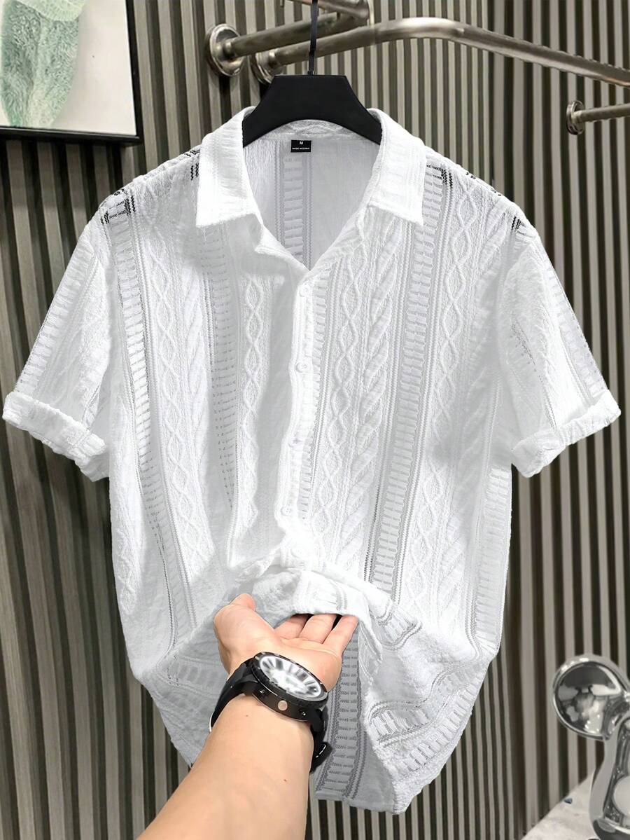 Manfinity Homme 男士短袖纽扣前开襟休闲舒适衬衫，夏季 - 白色 - 查看 1