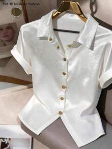 GlowEve New Spring/Summer Women's French Retro White Satin Short Sleeve Shirt, Fashionable Elegant Versatile Blouse For Work - White - View 1