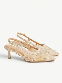 CUCCOO CHICEST 女士方头中跟米色刺绣网纱串珠优雅派对踝带高跟鞋 - 米色 - 查看 3