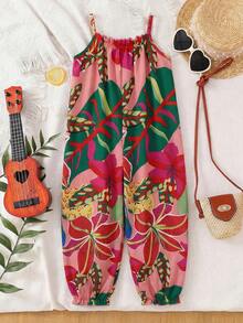 Young Girl Vacation Casual Chiffon Ditsy Floral Jumpsuit - Multicolor - View 4