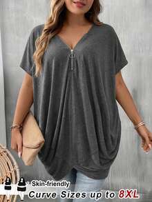 SHEIN CURVE+ Oversized US22 Musik Festival, Strandurlaub, Boho Damen Einfarbig Reißverschluss Halb-Reißverschluss Kurzarm Lässiges Locker Sitzende T-Shirt Damen Oberteile Schwarz Lässige Oberteile T-Shirts - Grau - Übersicht 6
