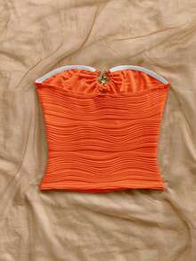 Soleia 女士度假针织上衣，波浪纹理，金属海星装饰，无肩带，休闲，适合约会、下午茶、海滩、邮轮、公路旅行、音乐节、派对、波西米亚风等场合。 - 橘色 - 查看 2