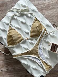 Swim Vcay 春夏纯色三角无钢圈露背吊带泳衣套装，性感比基尼泳装，适合海滩度假，新款女士泳装，带胸垫泳衣 - 薑色 - 查看 1