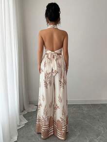 Rafferiza Petite Bộ đồ nữ thanh lịch in họa tiết lá cây, cổ yếm, quần ống rộng cạp cao + áo croptop không tay, mang đến vẻ nhẹ nhàng cho công sở và kỳ nghỉ biển, bộ 2 món. - Màu be - Xem 2