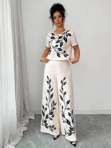 Elenzga Bộ đồ 2 mảnh mùa Xuân/Hè thanh lịch, thường ngày gồm áo thun cổ tròn in họa tiết và quần ống rộng, thích hợp cho Lễ Tạ ơn, Halloween, mặc ở nhà, đi chơi hoặc du lịch. - Nhiều màu - Xem 6