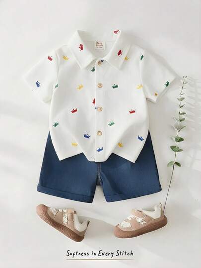 Cozy Pixies Bộ 2 món cho bé trai gồm áo khoác cardigan tay ngắn cổ bẻ và quần short cạp chun họa tiết khủng long hoạt hình.