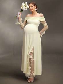 Cheriluna Maternity 纯色长开衩无肩带网纱刺绣孕妇写真连衣裙 - 黃色 - 查看 3