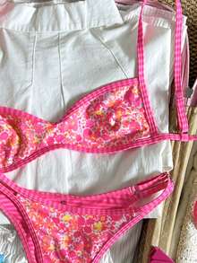 Swim Mod Women's Beach Outfit, Orange Floral & Striped Double-Sided Print, Reversible Micro Bikini Bandeau, Fashionable Casual Resort Cute & Sexy Women's Swimwear Set - Pink - View 5