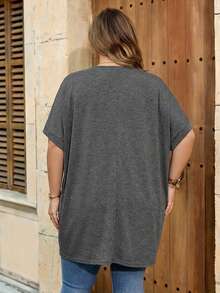 SHEIN CURVE+ Oversized US22 Musik Festival, Strandurlaub, Boho Damen Einfarbig Reißverschluss Halb-Reißverschluss Kurzarm Lässiges Locker Sitzende T-Shirt Damen Oberteile Schwarz Lässige Oberteile T-Shirts - Grau - Übersicht 2