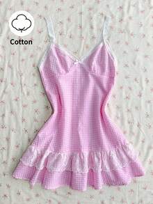 Flirla Women's Summer Lace Plaid Strap Mini Dress Golf White Sexy - Pink - View 1