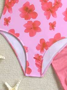 SHEIN Tween Girl Pink Floral Print Ruffled One-Piece Swimsuit With Cover-Up Skirt,2 Piece Tropical Summer Beach Holiday Young Girls Bathing Suit Set,Pink - Multicolor - View 3