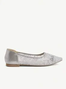 CUCCOO CHICEST Giày nữ thời trang mũi nhọn đế bằng ren bạc, lưới, thanh lịch, thoải mái, tiện dụng cho công sở, đa năng. Giày đế bằng nữ. - Bạc A - Xem 3