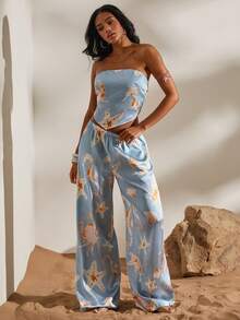Opulessa Conjunto de 2 piezas de top bandeau y pantalones estampados de gasa para mujer, ideal para vacaciones de primavera/verano - Celeste - Ver 4