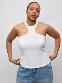 Maija Maglietta senza maniche estiva per taglie forti, outfit elegante da insegnante, nuovo outfit casual da aeroporto per donne 2026, top corto aderente con vita segnata, abbigliamento casual estivo, stile casual business, basic versatile, vestibilità lusinghiera, adatto per vacanze urbane, festival musicali delle isole, San Valentino, spiaggia del Giorno dell'Indipendenza, ufficio, festa in spiaggia, casual - Bianco - Visualizzare 4