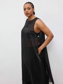 Maija Áo kiểu nữ cỡ lớn, chất liệu xuyên thấu, kiểu dáng thành thị, không tay, cổ tròn, cài nút bên hông, dài, thời trang thường ngày, công sở, áo xuyên thấu, áo khoác ngoài màu đen cho nữ, phong cách cổ điển, dành cho phụ nữ trung niên, giáo viên, lãng mạn, thời trang, đa năng, áo dự tiệc mùa hè cho nữ, thích hợp đi biển, nghỉ mát, đi chơi, tốt nghiệp, thanh lịch, áo kiểu thường ngày, trang phục công sở cho nữ. - màu đen - Xem 2