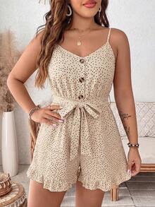 EMERY ROSE Bộ jumpsuit nữ mùa hè dáng rộng, dây mảnh, cài cúc phía trước, chấm bi, kiểu dáng thường ngày. - Màu be - Xem 5