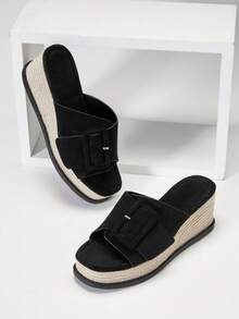 SHUZIA Giày đế xuồng kiểu espadrille tối giản dành cho nữ, chất liệu giả da lộn, có khóa cài, đế dày. - màu đen - Xem 4