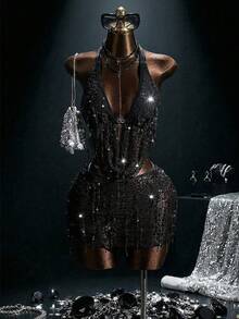 Zestiva 女士亮片流苏面料性感优雅26ss新款深V领三件套泳衣，沙滩派对度假风 - 黑色 - 查看 3