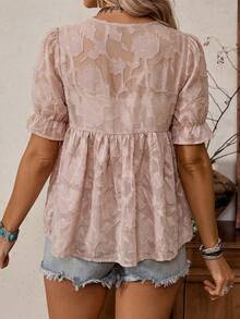 LanaWest Women's Western Casual Woven Textured Fabric Contrast Lace Trim Ruffle Hem Short Sleeve Blouse - Dusty Pink - View 2