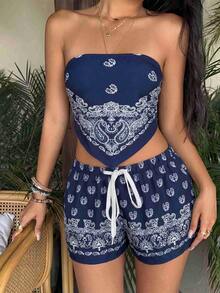 Sunnyshic 女士休闲度假时尚佩斯利印花抹胸上衣和低腰超短裤两件套，适合日常穿着和约会 - 彩色 - 查看 8