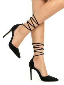 秋冬女士系带性感黑色细高跟绑带高跟鞋，优雅派对风 - 黑色 - 查看 2