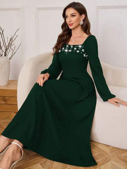 Modelyn Đầm dài dáng chữ A màu trơn thanh lịch, đính ngọc trai, cổ vuông, tay phồng, thích hợp cho nữ, mùa xuân và mùa thu.